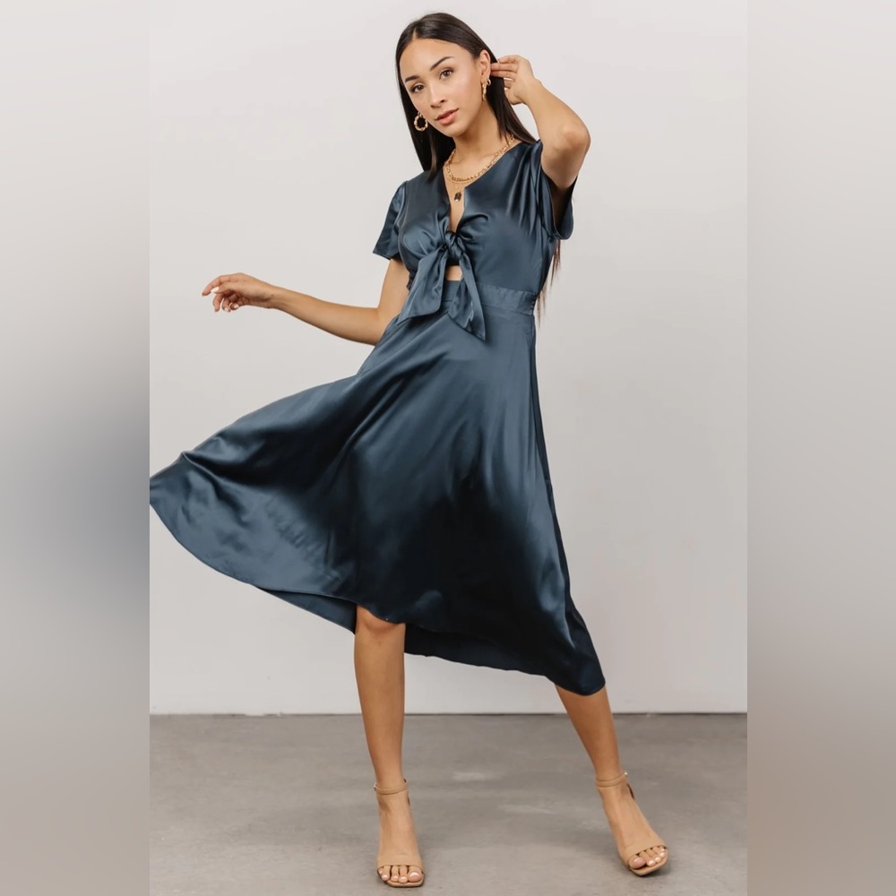 Baltic Born Poppy Satin Midi Dress | Midnight
Blue | Size Large